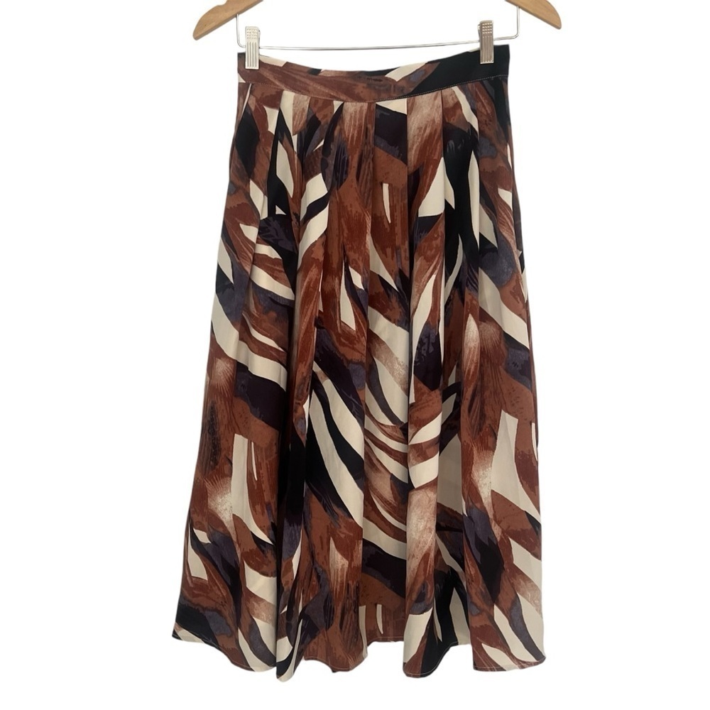 Women’s Sz S Blue Brown Printed Pleated Full Midi Skirt - Picture 1 of 6